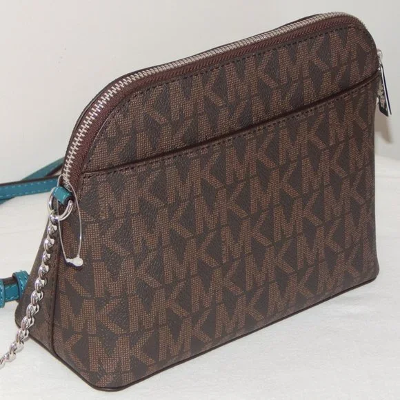 NWT MICHAEL KORS MK MONOGRAM Center Stripe CINDY LG Dome CHAIN XBODY BAG Cyan